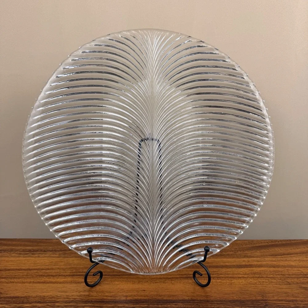 Crystal Palm Leaf Platter Clear Textured Glass Serving Tray 13.75